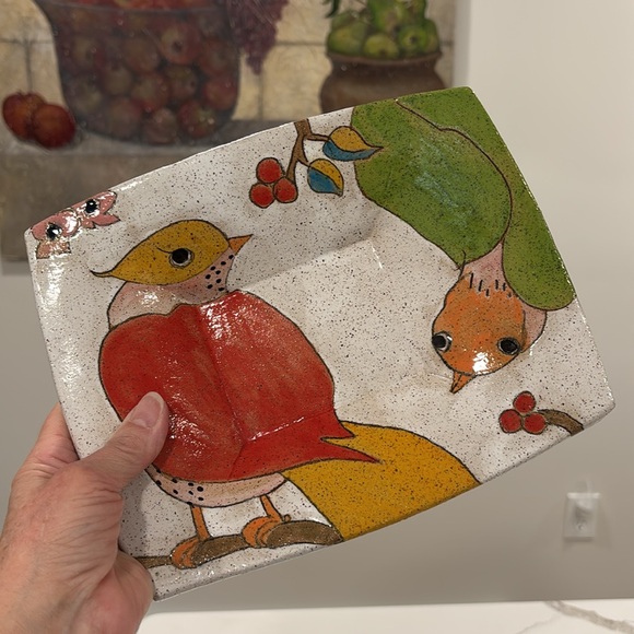 Pottery Artist Signed Bird Design Colorful Rectangle Dish/Tray - Picture 2 of 11
